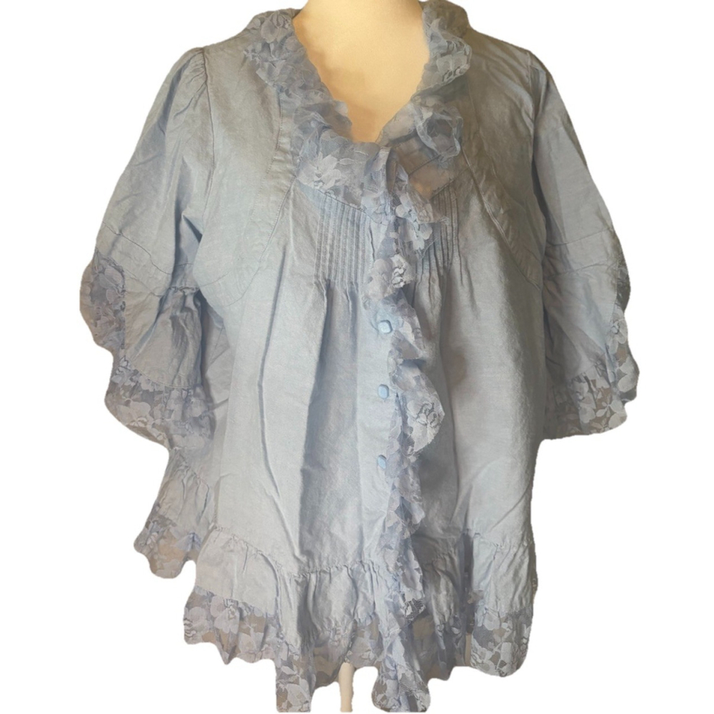 Roaman’s Pastel Blue Lace Ruffle Blouse 18W Plus Size Cottagecore Boho Pintuck